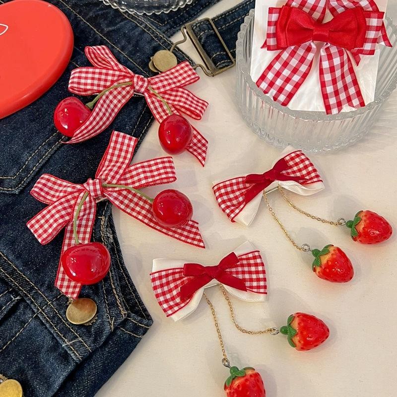 สตรอเบอร์รี่สีแดงเชอร์รี่ผ้าโบว์กิ๊บสาวหวานน่ารักหน้าผากเรียบคลิปอุปกรณ์ผม