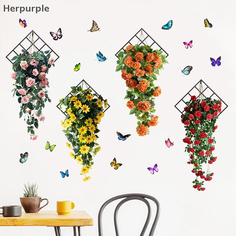 Herpurple ดอกไม้ Vine พืชสีเขียว Self-กาวสติ๊กเกอร์ติดผนังกันน้ําห้องนั่งเล่นห้องนอนตกแต่งภาพวาด TH
