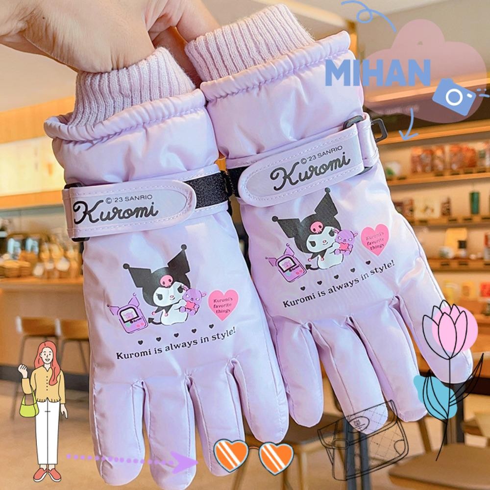 SANRIO เดือน ถุงมือสกีสําหรับเด็ก, ถุงมืออุ่นแบบหนากันลม, อะนิเมะ ซานริโอ บวก ถุงมือปั่นจักรยานฤดูหนาวทนความหนาวเย็น