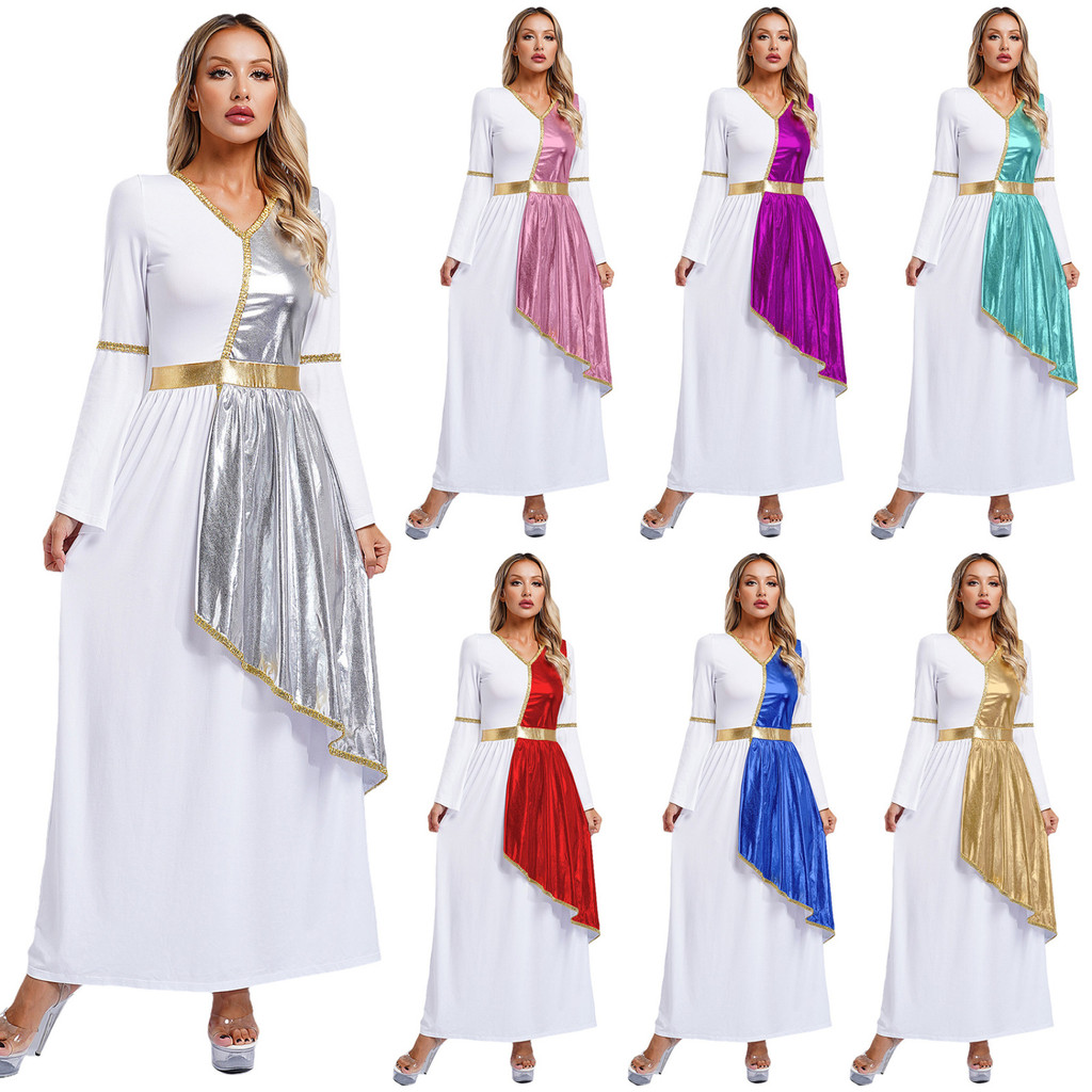 ผู้หญิงโบราณกรีก Athena เทพธิดาเจ้าหญิงเครื่องแต่งกายโบสถ์ Choir บูชา Robe ธีมฮาโลวีน Party คอสเพลย์ Dress Up Flare แขนโลหะเงา Overlay ชุด