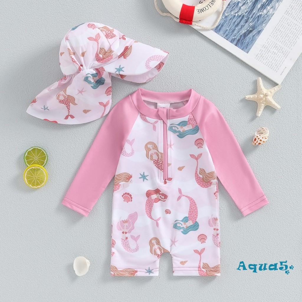 Aqq-ชุดว่ายน้ําเด็กผู้หญิงชุดsea Shellพิมพ์แขนยาวRash Guardชุดว่ายน้ํากว้างBrim Sunหมวกทารกเด็กวัยหัดเดินBeachwear
