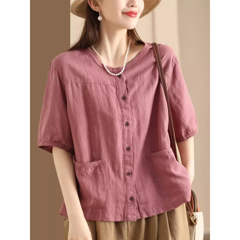 Nop | ใหม่retroผ้าฝ้ายผ้าลินินเสื้อผู้หญิงเดี่ยวแขนสั้นสบายๆclassy Top