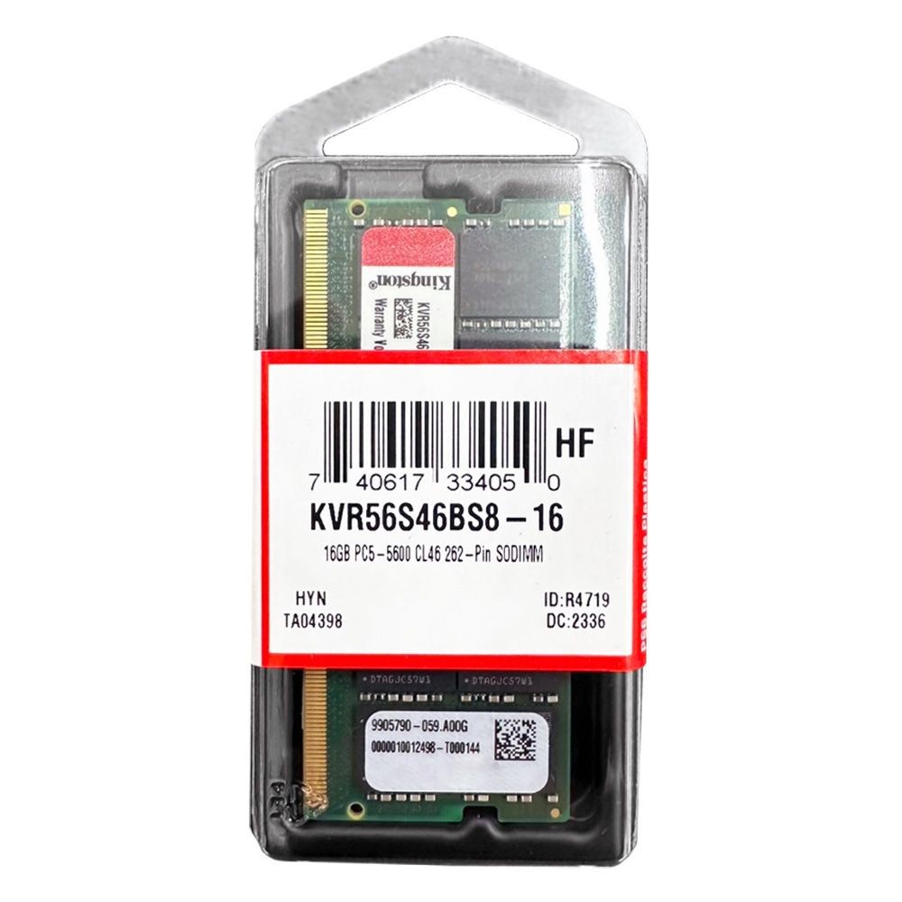 Kingston ValueRAM 1x16GB DDR5 5600MHz CL46 SODIMM Laptop Memory, KVR56S46BS8-16
