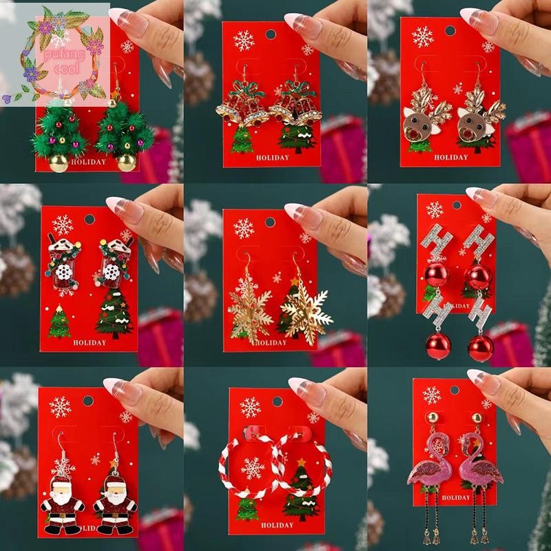 Pucool 1 คู่แฟชั่นประณีตต้นคริสต์มาสต่างหูผู้หญิงน่ารักการ์ตูน Santa Claus Elk Drop ต่างหูเครื่องประดับของขวัญวันหยุด TH