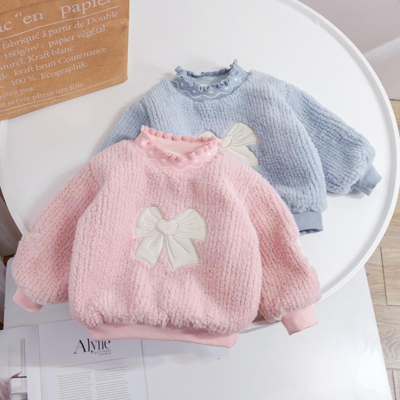 เสื้อสเวตเตอร์เด็กหญิงบุขนกำมะหยี่หนาพิเศษฤดูใบไม้ร่วงและฤดูหนาวสาวน้อยสไตล์เกาหลีขนแกะสวมหัวสไตล์ตะวันตก