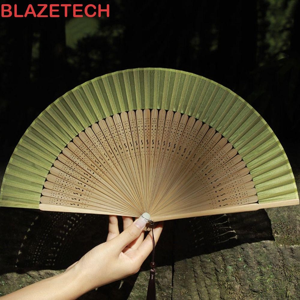 Blazetech พัดไม้ไผ่, พัดจีนด้ามแกะสลักวินเทจ, ถือมือแบบพกพาพร้อมพู่พัดลมเต้นรําสุภาพสตรี