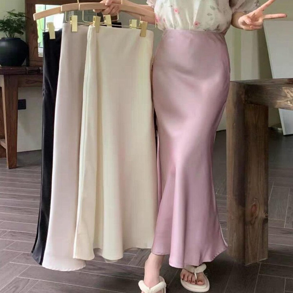 mimi&didi กระโปรงทรงหางปลาเรียบหรู ผ้าซาตินฝรั่งเศสฤดูร้อนของผู้หญิง ฤดูใบไม้ผลิและฤดูใบไม้ร่วงกระโปรงยาวมืออาชีพ8807