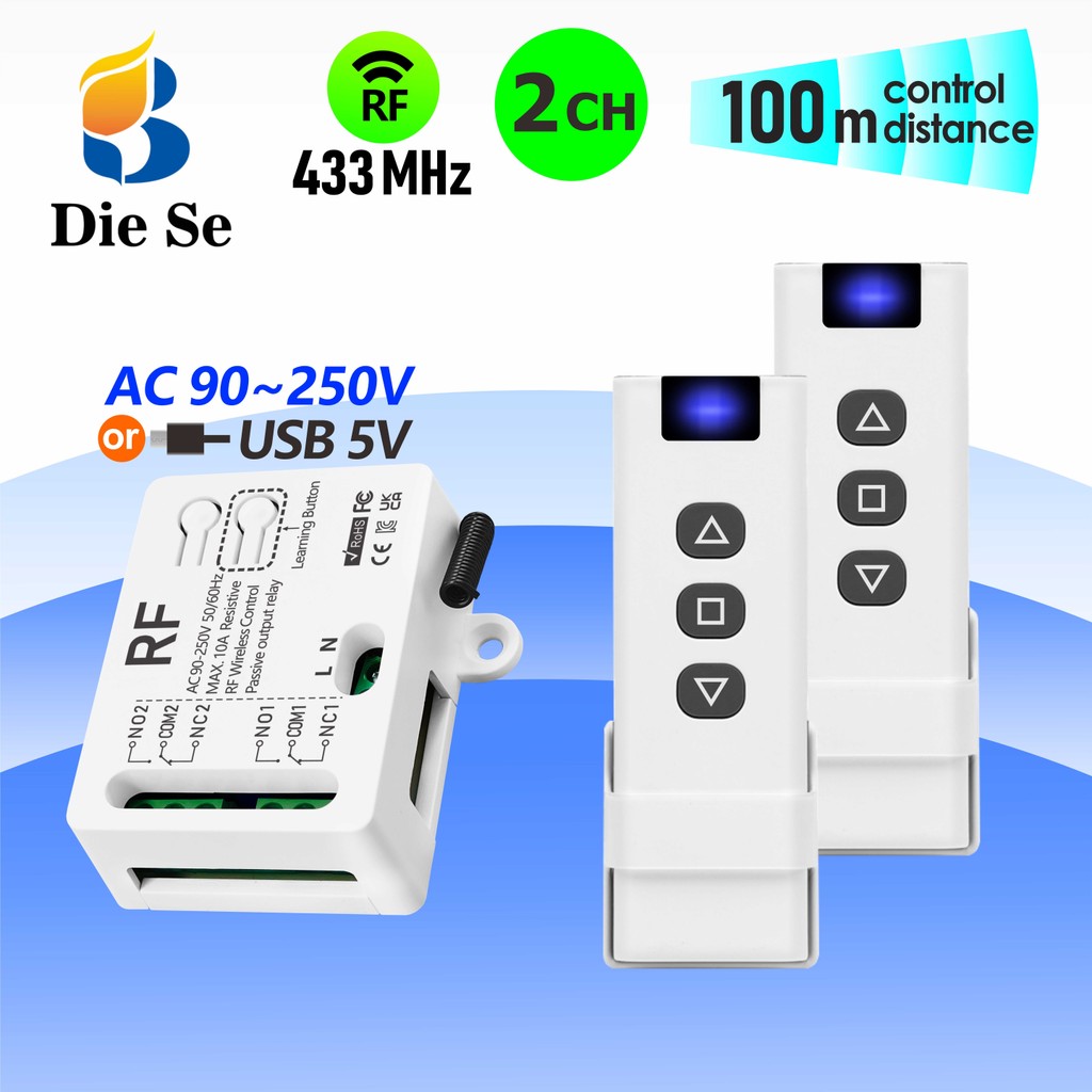 สวิตช์ควบคุมระยะไกลไร้สาย 433MHz สำหรับมอเตอร์ รีเลย์ AC 110V 220V 250V สำหรับการควบคุมเดินหน้า/ถอยหลัง