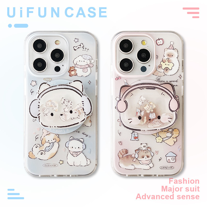 การ์ตูน Slippable Cat Holder ไร้สายชาร์จเคสโทรศัพท์สําหรับ iPhone 16 15 14 13 Pro Max 15Pro IMD Anti-Scratch ฝาหลังปลอก