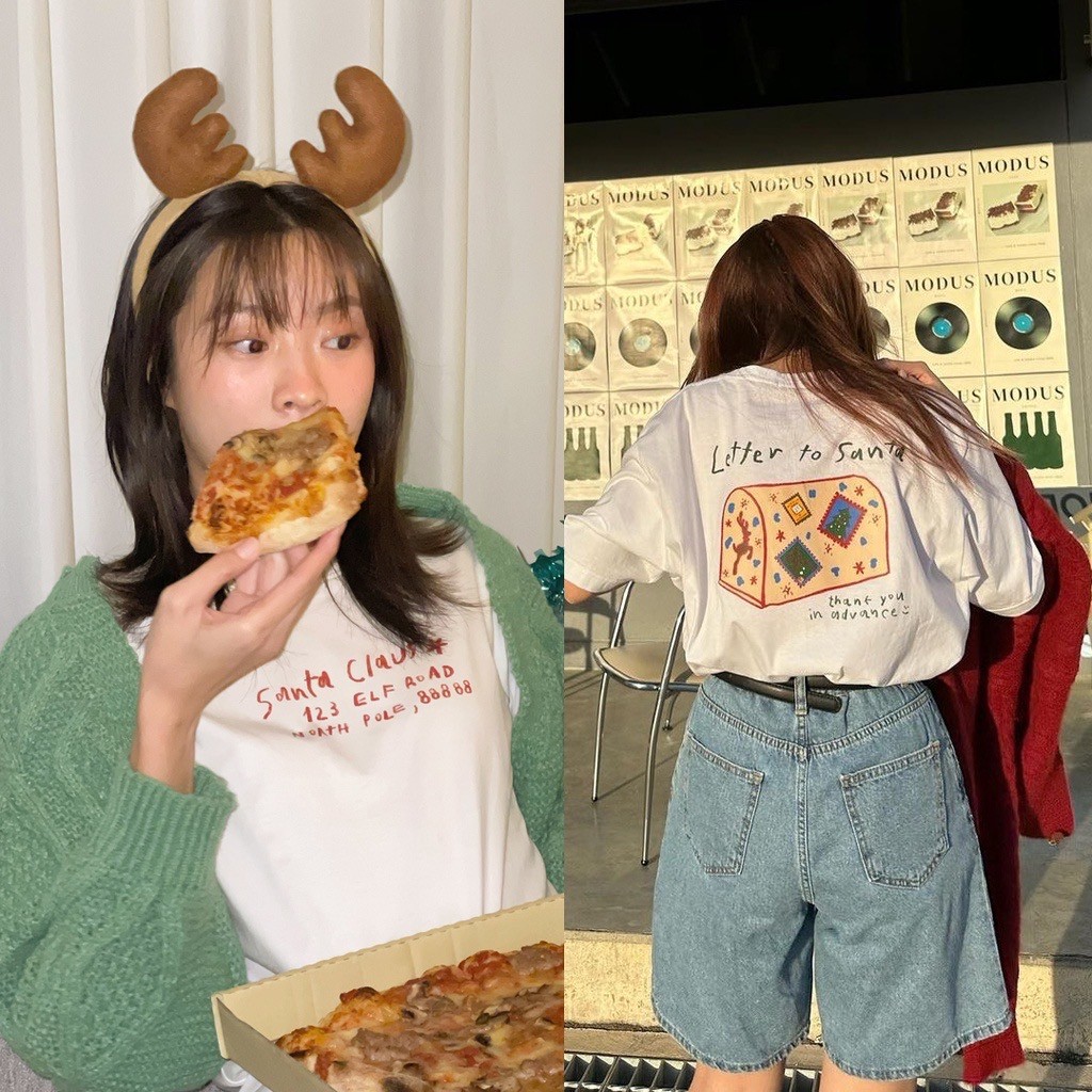 Nuziro Letter To Santa ตัวอักษรซานตาคลอสที่เรียบง่ายและทันสมัยพิมพ์เสื้อยืดแขนสั้นหลวม #J000460