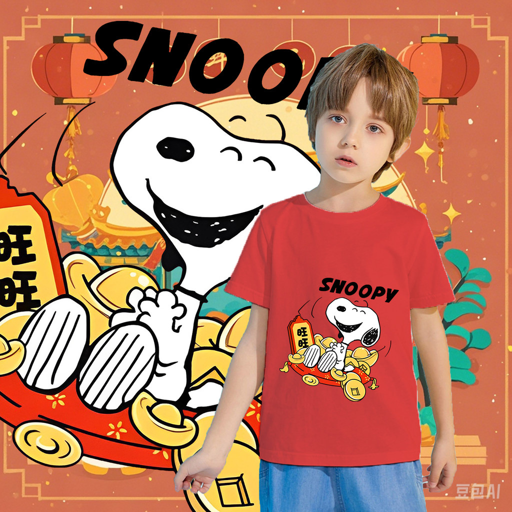 ❤️New Year's Snoopy print/ใหม่ปีใหม่เสื้อลาย Snoop พิมพ์รอบคอแขนสั้นผ้าฝ้าย (100-150CM)#03 CII