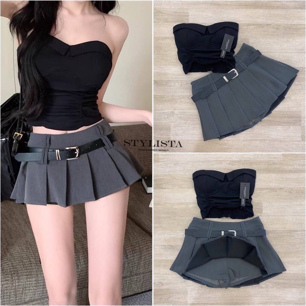 (xs-L) (พร้อมส่ง) STY79 ST20869 เซตเสื้อเกาะอก มาพร้อมกระโปรงจีบระบาย มีซับในกางเกงเข็มขัด Cafe