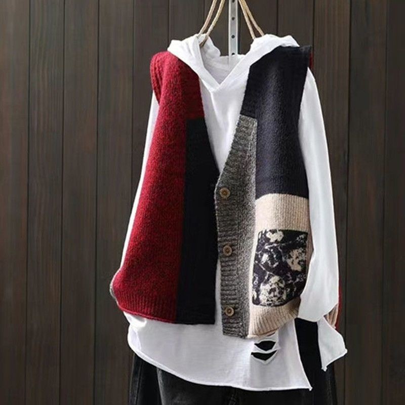 แฟชั่น ใหม่วินเทจถักเสื้อกั๊กผู้หญิงหลวมการออกแบบความรู้สึกเสื้อกั๊กผู้หญิงนอกสวมเสื้อกั๊กฤดูใบไม้ร่วงฤดูหนาว