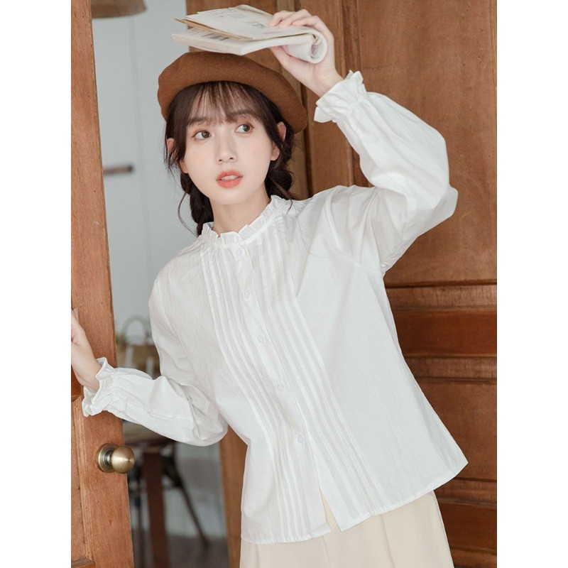 🧡LINNA🧡คอกลม แขนยาว สีทึบ เสื้อเชิ้ต แฟชั่น ความเรียบง่าย