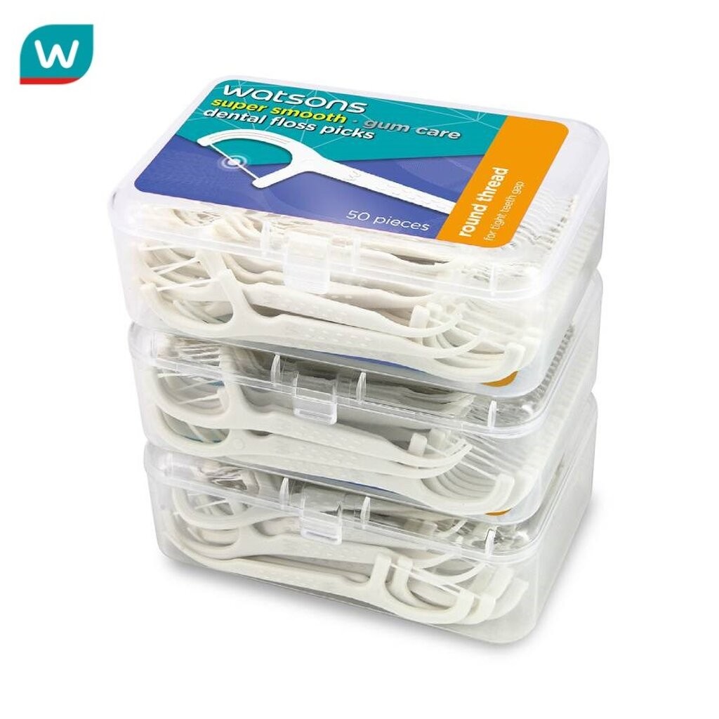 Watsons วัตสัน ซุปเปอร์ สมูธ ไหมขัดฟันเส้นกลม ชนิดด้าม 50 ด้าม แพ็ค 3 กล่อง