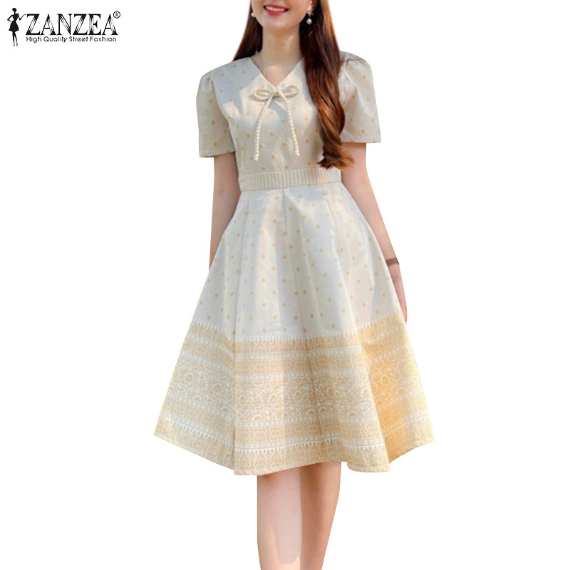 ZANZEA ชุดเดรส A-Swingแขนสั้นคอวีเกาหลีสําหรับผู้หญิง