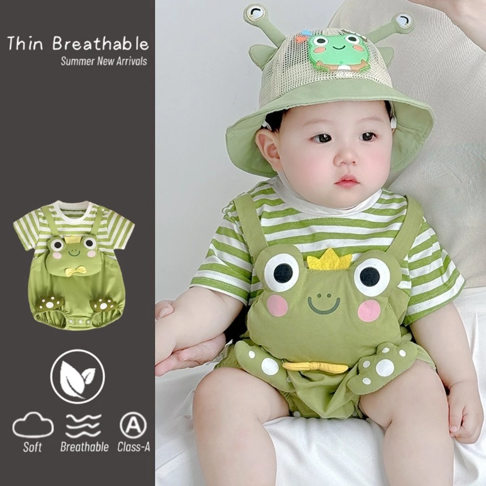 ฤดูร้อนใหม่เสื้อผ้าเด็กชายหญิงแขนสั้น ประกบกัน บอดี้สูท 0-28 เดือนน่ารักสุดน่ารักการ์ตูนกบผ้าฝ้ายแท้สามเหลี่ยม ชุดรอมเปอร์ ออกไป