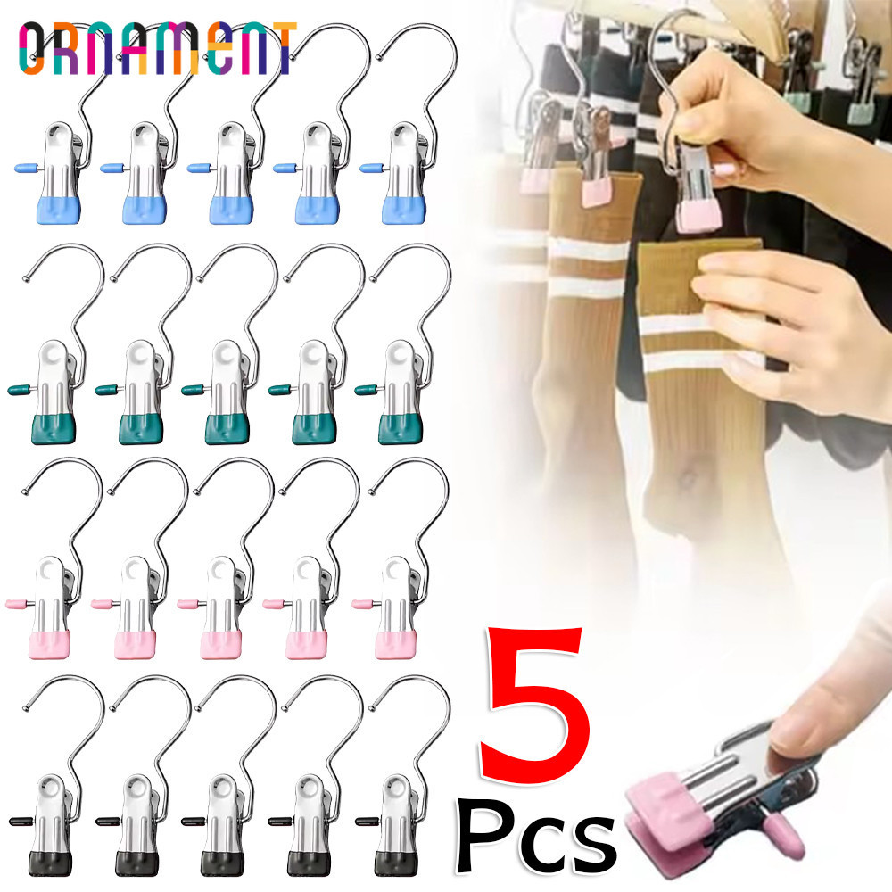 [บ้าน]คลิปหนีบเสื้อผ้าแบบพกพา 5 ชิ้น | ที่หนีบผ้าสแตนเลสสําหรับใส่ในบ้าน/กลางแจ้งตะขอแขวนกันน้ําสําหรับไฟล์ผ้าม่าน สิ่งจําเป็นสําหรับการเดินทาง