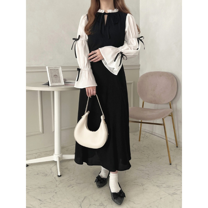 【S-5XL】เดรสหวานสไตล์เกาหลี สีทูโทน แขนระบายซีทรูแต่งโบว์ สำหรับใส่ไปคาเฟ่หรือออกงาน เดรสสาวอวบ