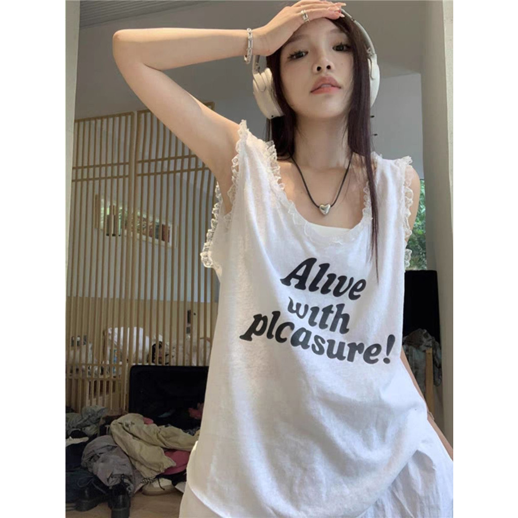 40-150 กก.M-5XL pulssize สาว fat150 กก.ฤดูร้อนเย็บลูกไม้พิมพ์ Letter Camisole ผู้หญิงหลวม All-Match แขนกุด ins TOP ผู้หญิง