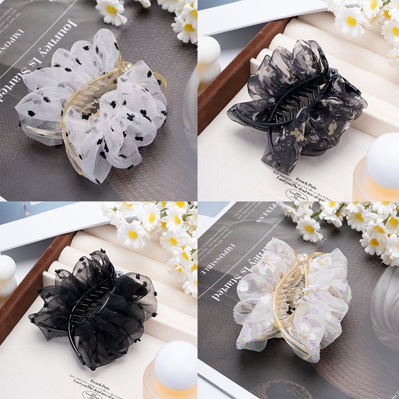 หวานแฟชั่นหลายชั้นจีบชีฟองพิมพ์กิ๊บลายจุดน่ารักหางม้าบุญผมกรงเล็บ