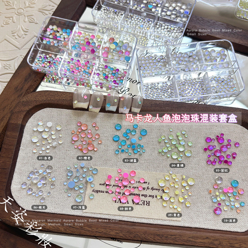 เครื่องประดับลูกปัดทรงฟองสบู่รูปนางเงือก 6 ช่อง ทรงลูกกวาดสีรุ้ง ออโรร่า แฟนตาซี ขนาดฐานแบน ประดับเพชรสำหรับติดเล็บ