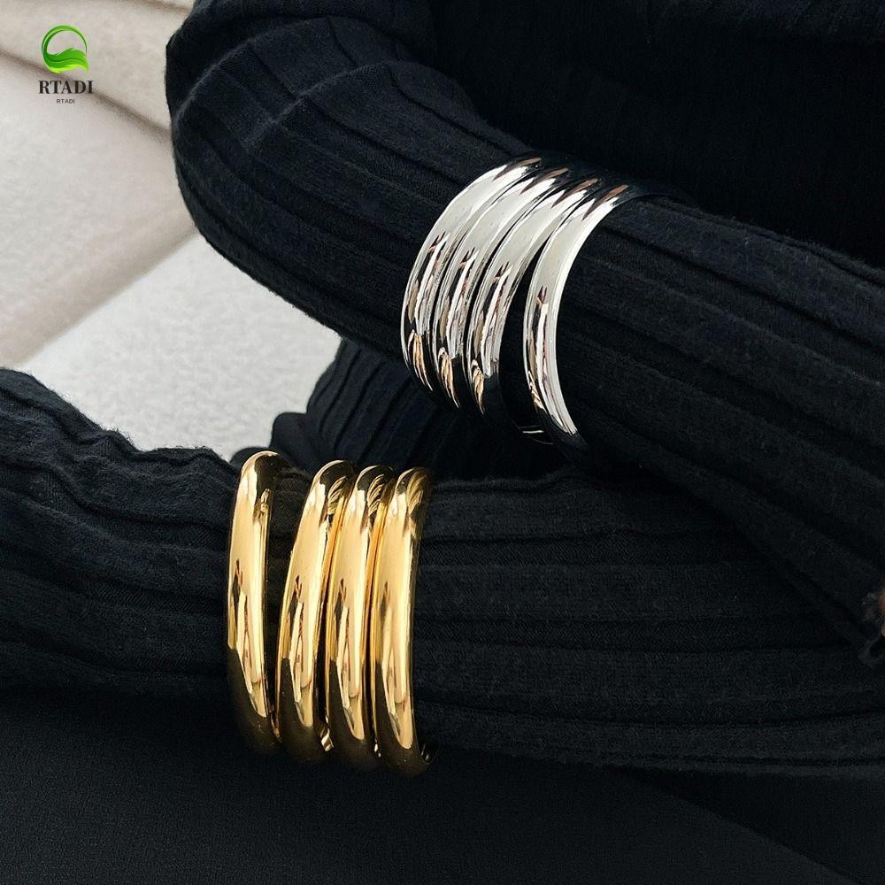 RTADI 4 ชิ้น/เซ็ต Simple รอบกําไลข้อมือชุด, Stacked Gold Silver Geometric กําไลกว้าง, แฟชั่นสไตล์เกาหลี Minimalist Handmade Smooth Multilayer สร้อยข้อมือฤดูร้อน