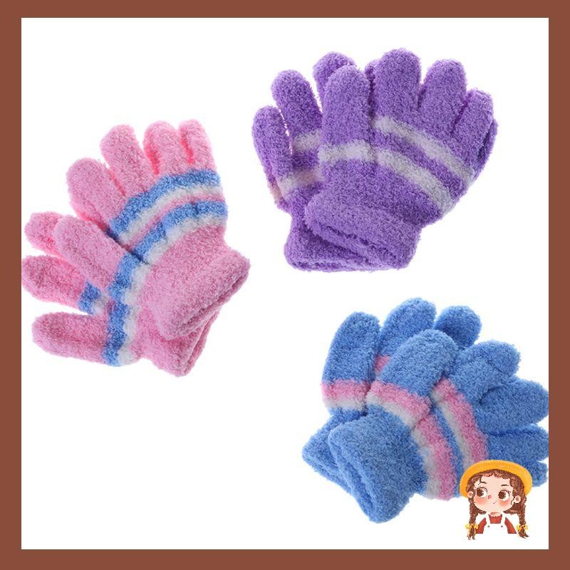 Li น่ารัก Plush Stripe Mitten Coral ขนแกะการ์ตูนถุงมือเด็กวัยหัดเดินสําหรับสภาพอากาศหนาวเย็นฤดูหนาวถุงมือเต็มนิ้วชุดปาร์ตี้