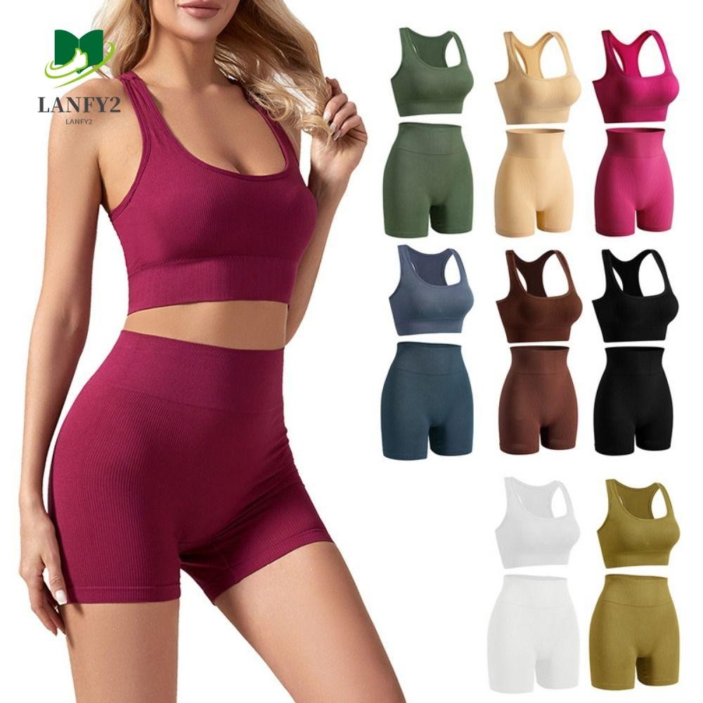 ALANFY ชุดออกกําลังกาย 2 ชิ้น, ชุดถังโยคะสั้นเอวสูงไม่มีรอยต่อ, สบาย Ribbed Sport Bra คอกลม Crop Matching Active Set Gym