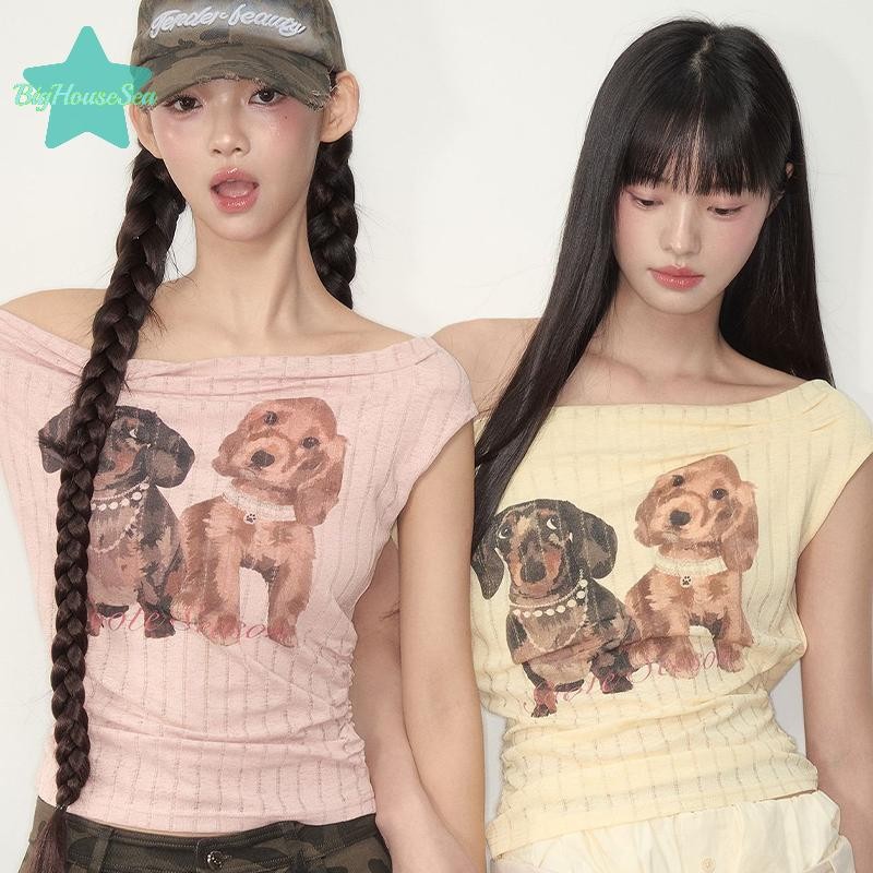 [BigHouseSea] พิมพ์ไหล่เฉียงฤดูร้อน Puppy Drop Shoulder Slim เสื้อยืดแขนสั้นสําหรับผู้หญิงใหม่