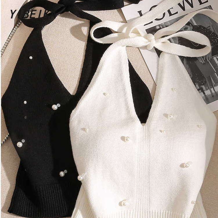 Beaded Halter Camisole ผู้หญิงหลังสวยปิดไหล่ด้านนอก