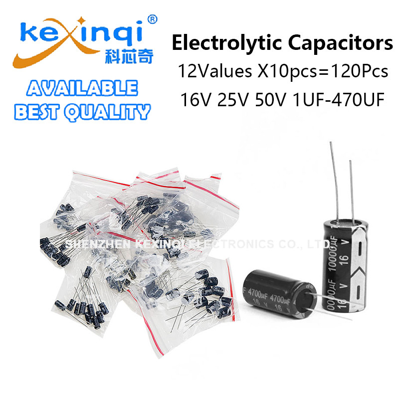 (120 ชิ้น) 16V 25V 50V ตัวเก็บประจุไฟฟ้าชุด 12 ค่า X10pcs 1UF-470UF 0.22UF 47UF 33UF 100UF 220UF