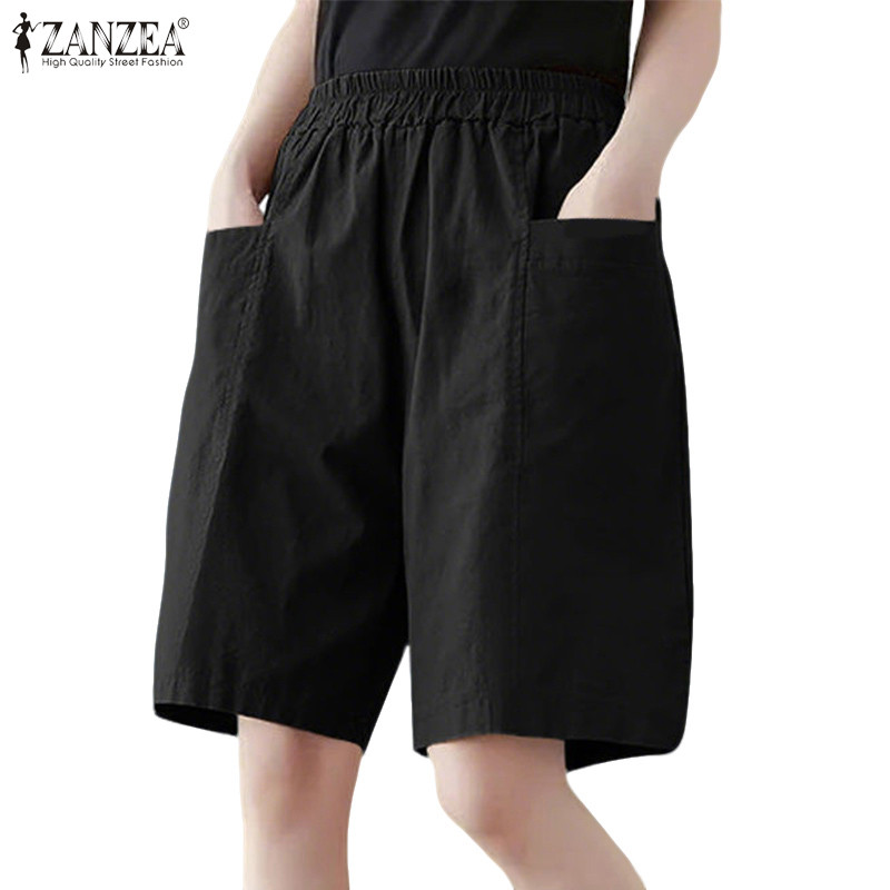 ZANZEA ใส่ ซานเซีย ผู้หญิงเกาหลีลําลองหลวมตรงกระเป๋าเอวยางยืดเอวกางเกงขาสั้น