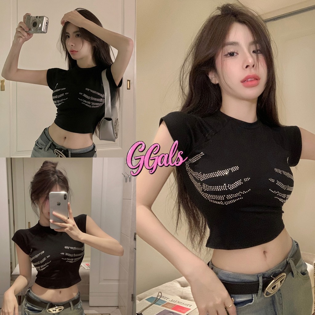 💐GGals💐เสื้อครอปแขนสั้น มีฟองน้ำ ดีเทลลายเพชร สไตล์เกาหลี เสื้อยืดผู้หญิง สีดำ แฟชั่น เท่ๆ ส่งไวจากไทย