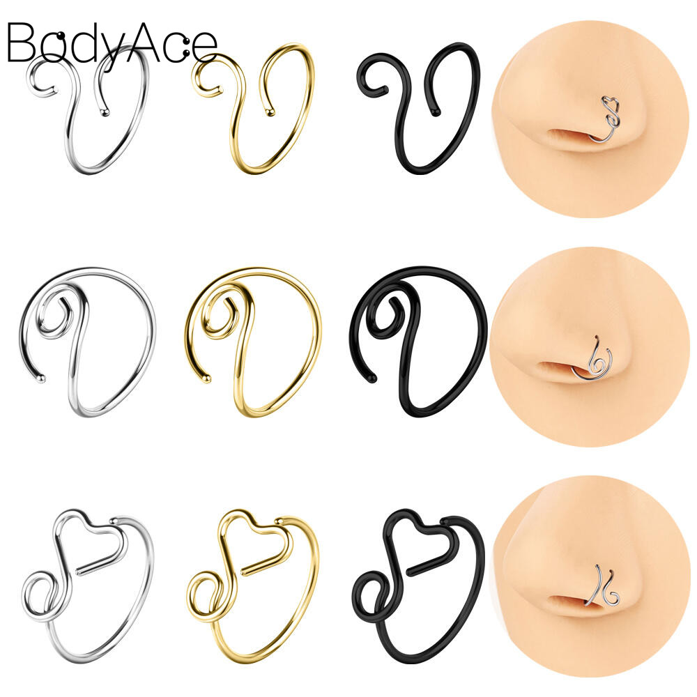 Bodyace 20G แหวนจมูก 1 Pc เหล็กผ่าตัดเจาะจมูกหัวใจ Nostrail เจาะเรขาคณิตแหวนจมูก