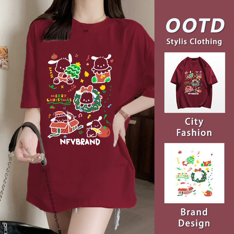ส่งจากไทย เสื้อยืดคริสต์มาส ขนาดใหญ่หลวม พิมพ์ลายแฟชั่น สาวอ้วน 100% Cotton Christmas T-shirt YG1024