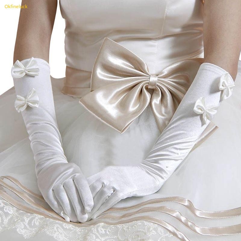 Okfi 1 คู่ผู้หญิงเจ้าสาวสีขาวงานแต่งงานถุงมือยาวคู่ Bowknot Faux Pearl Decor El