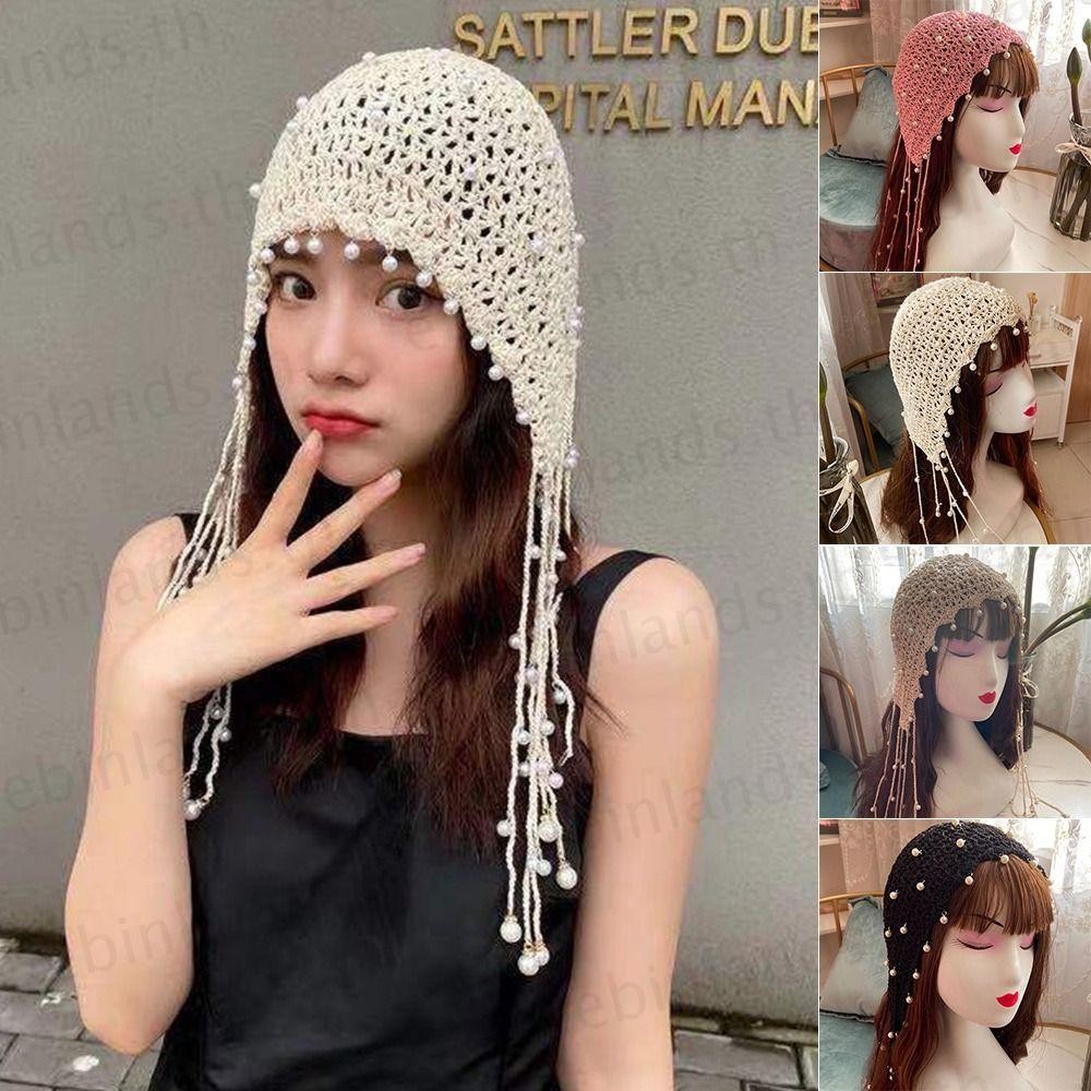 Ebinlands Bun หมวก, Handmade Retro โครเชต์หมวก,หวานชาติพันธุ์ Breathable Pearl Tassels หมวกท่องเที่ยว