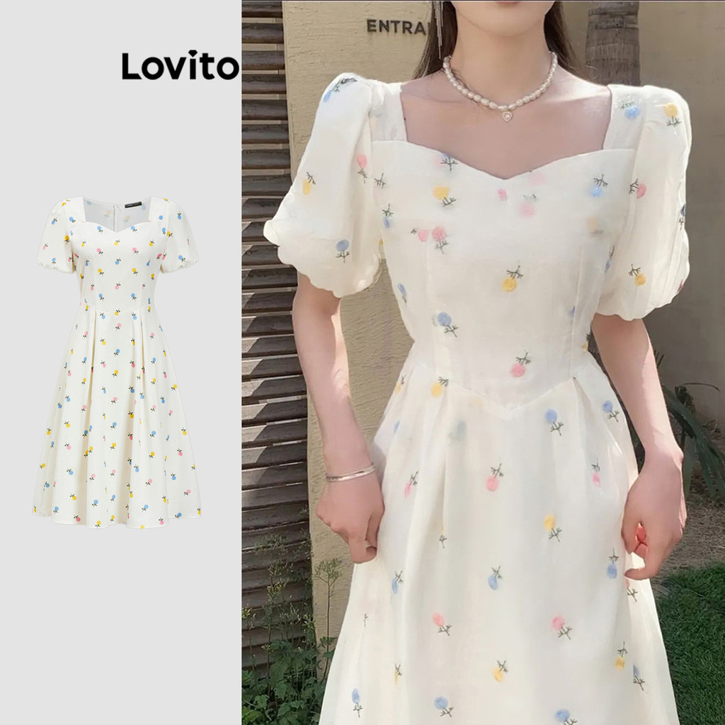 Lovito ชุดเดรสผู้หญิง ลายดอกไม้ สไตล์ลำลอง L91AD292