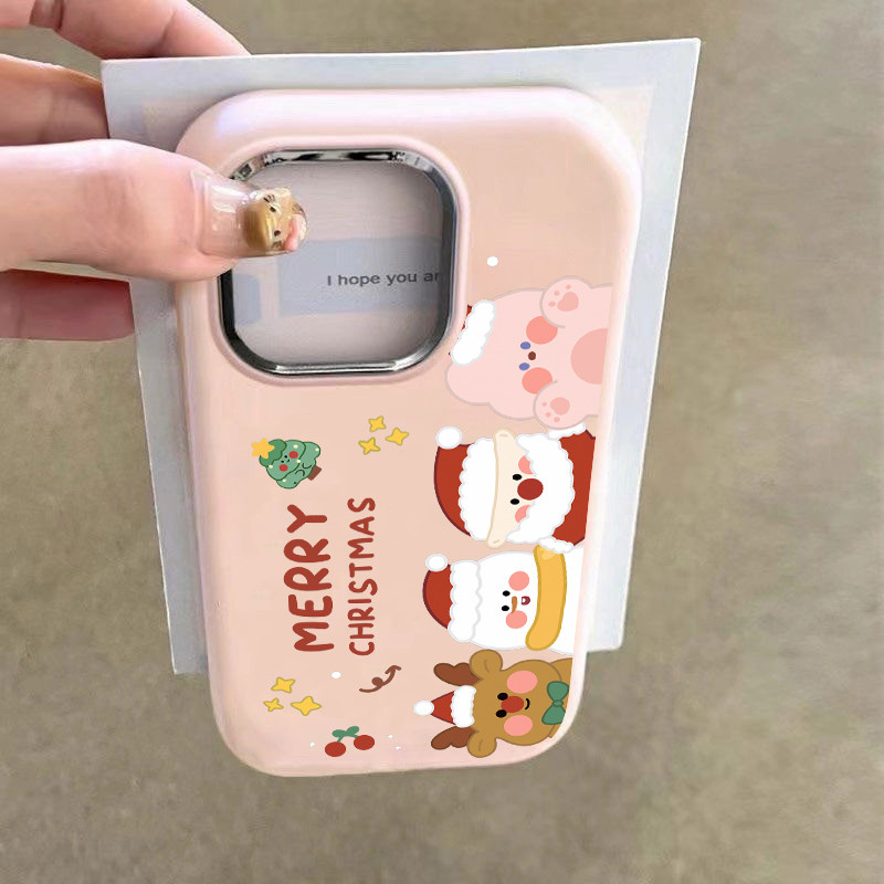 ส่งจากไทย ของขวัญคริสต์มาสการ์ตูนน่ารัก IPhone 16 15 11 13 14 12 Pro Max XR 7 8 SE2020 Solid Color Shockproof Case