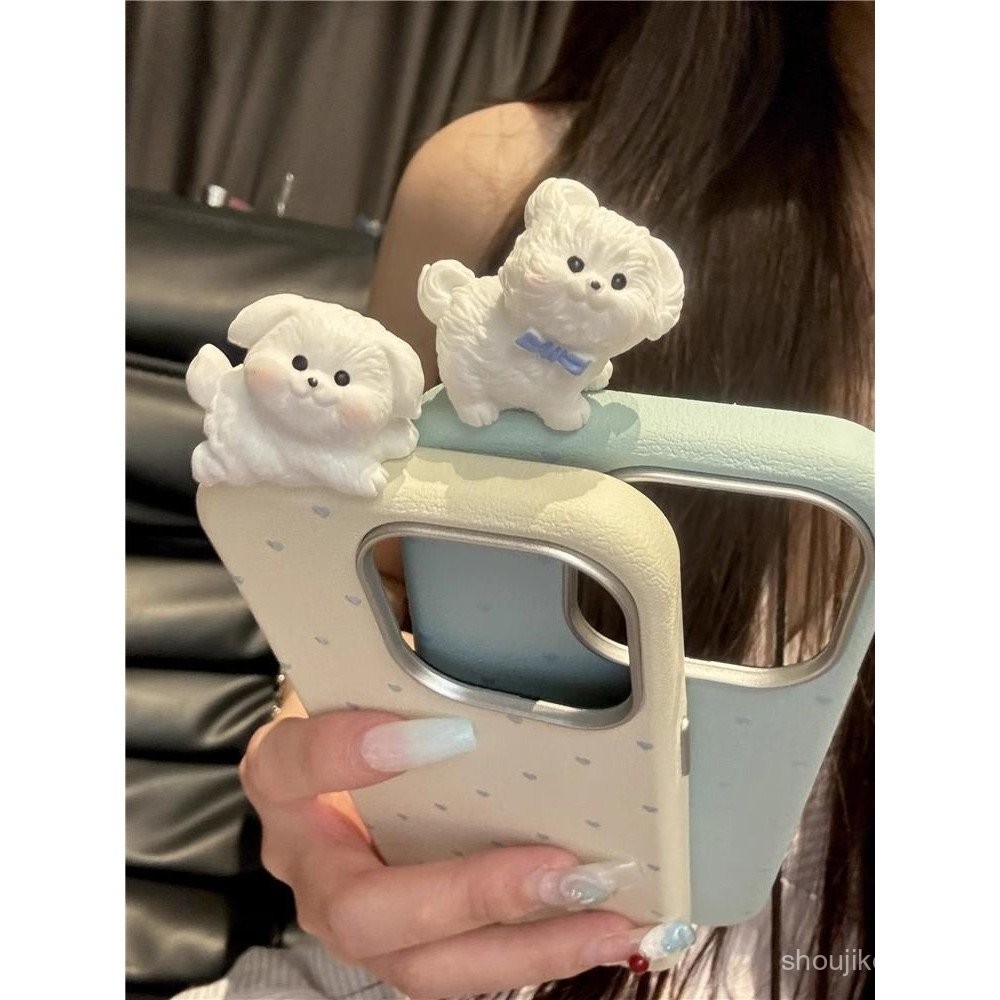 เคสมือถือ Apple 16pro แบบเต็มหน้าจอเรียบง่ายสไตล์ญี่ปุ่นและเกาหลีสำหรับผู้หญิง13ลูกสุนัขสามมิติ12/14/15pro qf8f