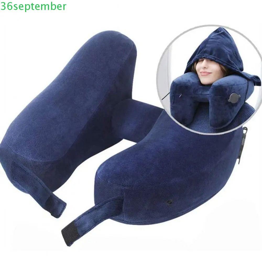 Spepember หมอนเดินทางเป่าลม หมอนรองคอหัวรองรับรูปตัว H แบบพกพาสบายพร้อมหมวกพร้อมกระเป๋าหูรูดเบาะคอเครื่องบิน