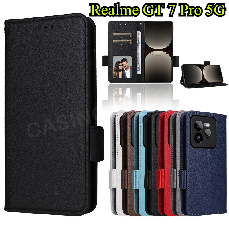 ปลอกสําหรับrealme GT 7 pro GT7 pro GT7Pro 5G 2024 หรูหราหนังหัวเข็มขัดด้านข้างลิ้นจี่เนื้อเคสโทรศัพท์ช่องเสียบการ์ดกระเป๋าสตางค์ขาตั้งฝาครอบกันกระแทกเคสโทรศัพท์