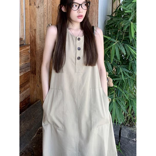 MOCACA เดรสเกาหลี เดรสยาว กระดุมใช้งานได้จริง ผ้ายืด เดรสยาว ใส่สบาย