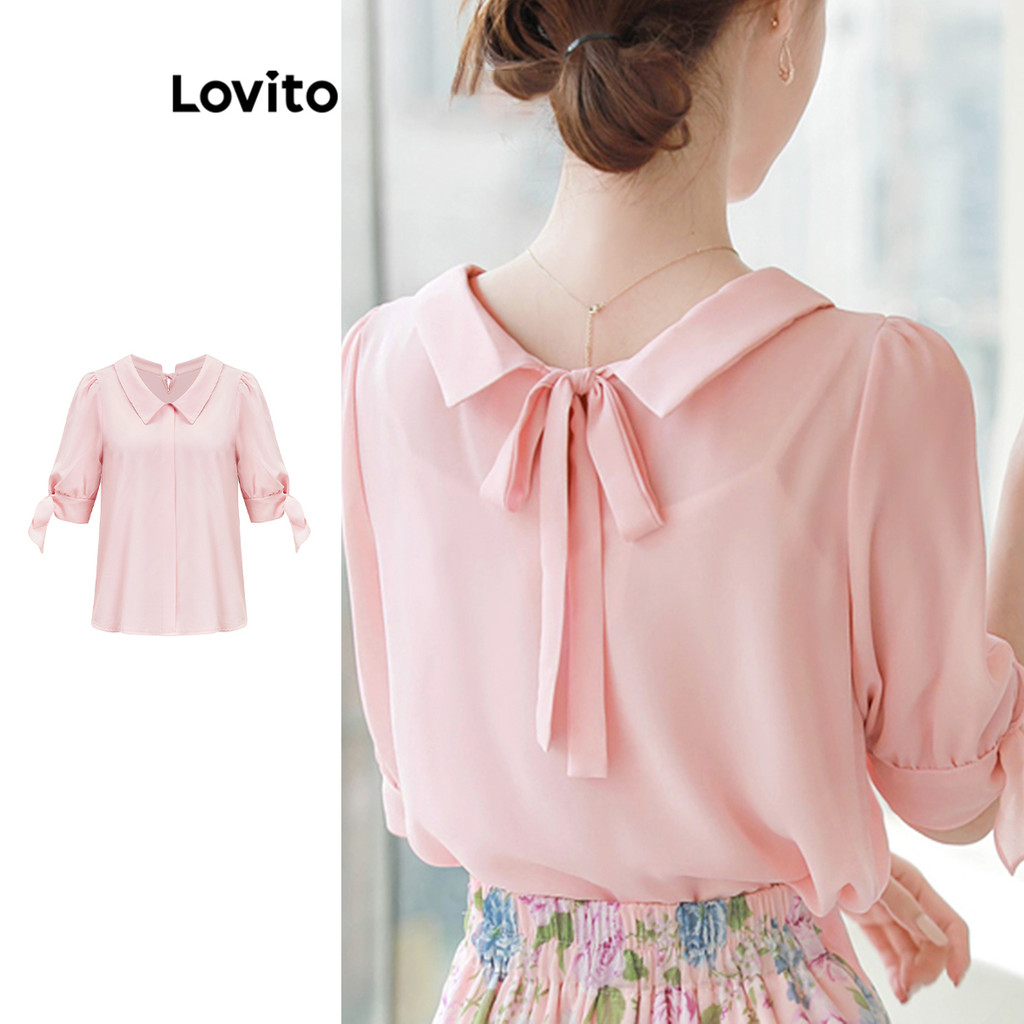 Lovito เสื้อเบลาส์ผูกหลังแบบลำลองสำหรับผู้หญิง L109MD615