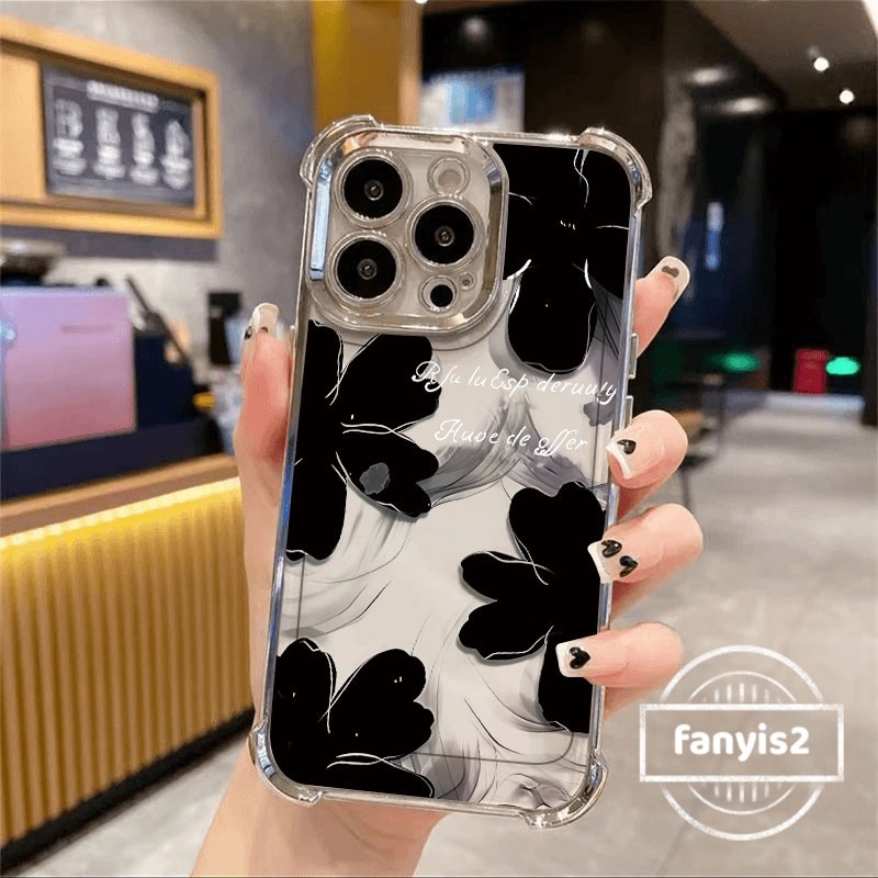 SAMSUNG สําหรับsamsung A55 A15 A05S A54 A34 A12 A13 A14 A50 A32 A25 A24 A23 A51 A52 A53 A50 A22 A03 ปลอกสีดําดอกไม้เคสโทรศัพท์ชุบโปร่งใสสี่มุมป้องกันการล่มสลายถุงลมนิรภัย