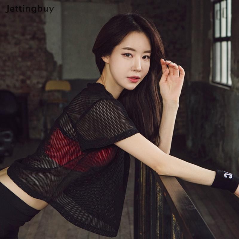 [เจ็ทติ้งบาย] ผู้หญิงตาข่ายโยคะเสื้อเซ็กซี่แขนสั้นเสื้อยืดกีฬาเสื้อด้านบนปกแห้งเร็วยิมเสื้อผ้าวิ่งออกกําลังกาย ชุดกีฬา สต็อกใหม - รูปที่ 2