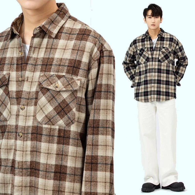 EERSHENSHI เสื้อลายสก๊อตผู้ชายผ้าลูกฟูกสไตล์เกาหลีเสื้อลําลองอเนกประสงค์