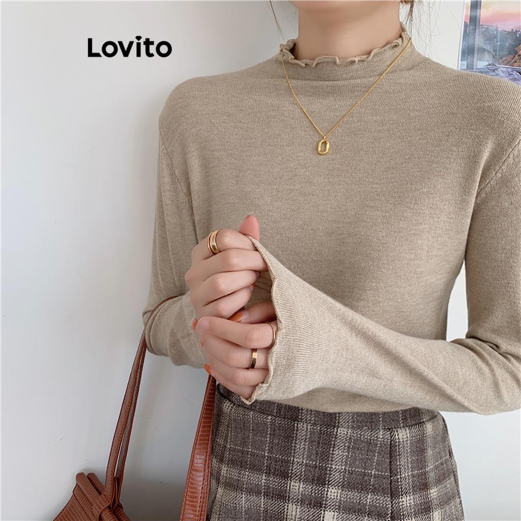 Lovito เสื้อสเวตเตอร์คอระบายแบบเรียบง่ายสำหรับผู้หญิง LNA85255