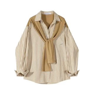 [เสื้อเชิ้ตโอเวอร์ไซส์] (40-150 กก.) เสื้อยืดลายทางสองชิ้นปลอม พลัสไซส์ ดีไซน์ผ้าคลุมไหล่ เสื้อแขนยาว Plus Size Women